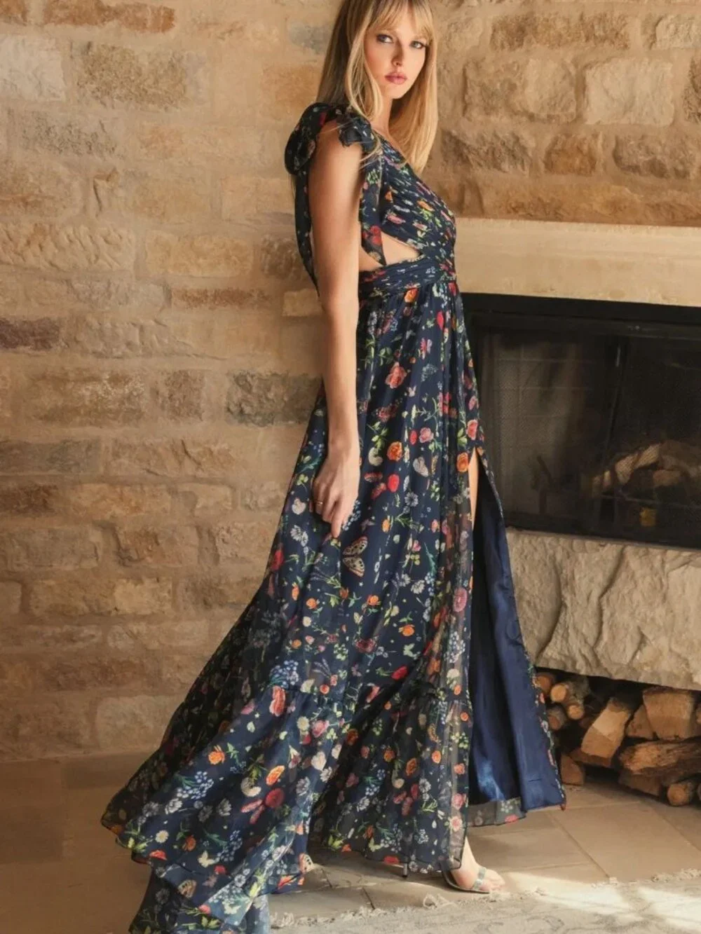 MAC DUGGAL Size 0 Navy 67938 Floral Tied One Shoulder Cut-Out Flowy Gown Dress - Picture 6 of 14